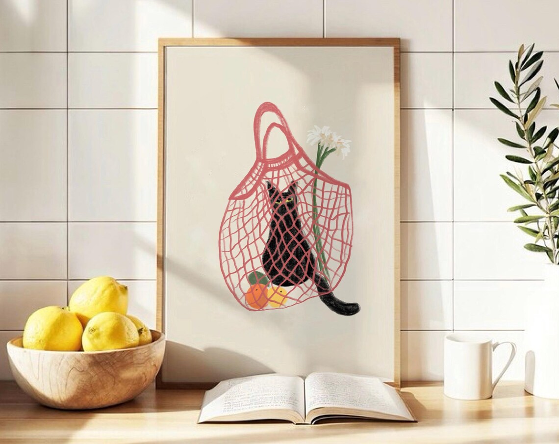 Black Cat In Pink Mesh Market Bag Daisies Funny Animal Poster - Image 4