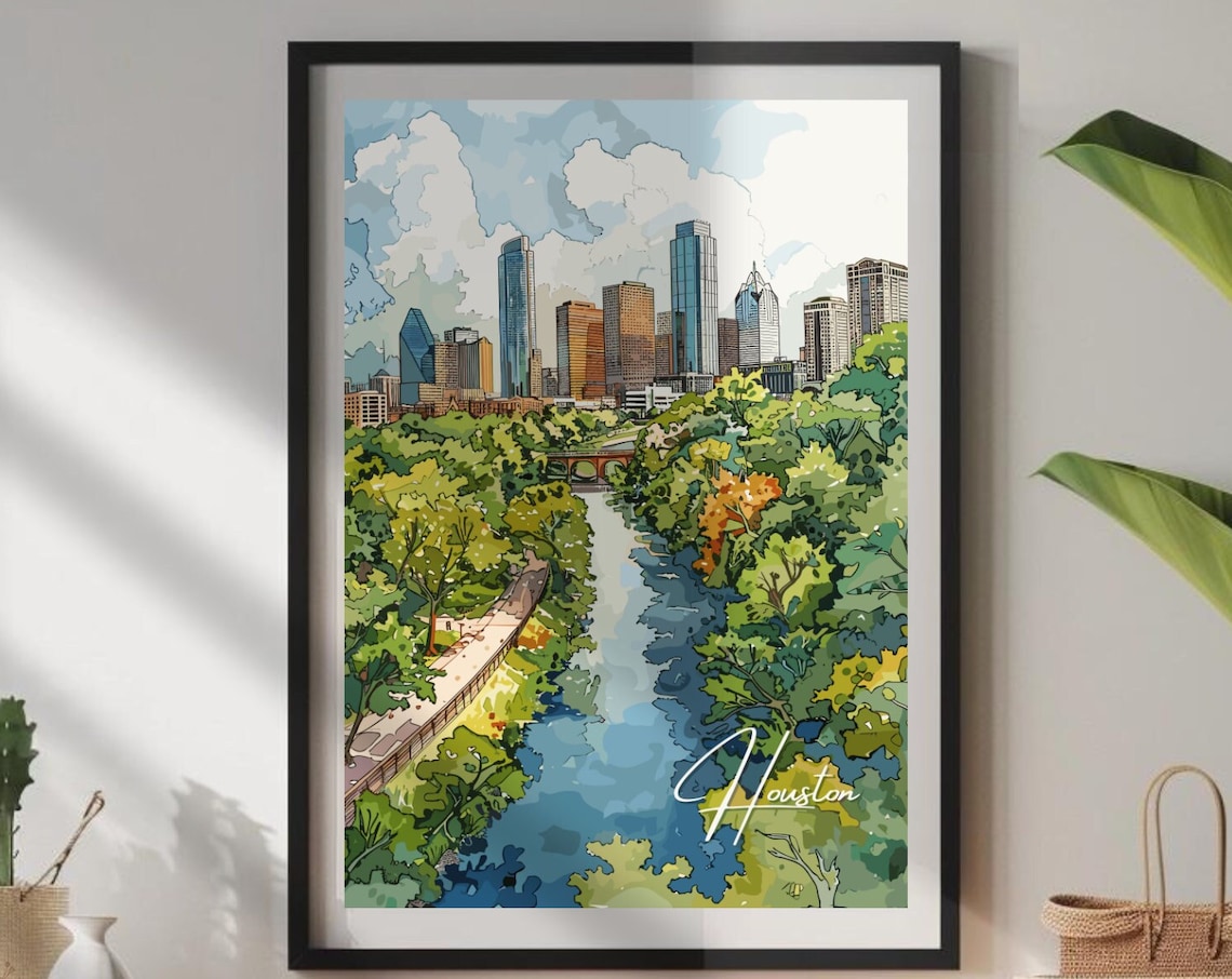 Houston Texas Skyline Bayou Green Trees Watercolor City Poster