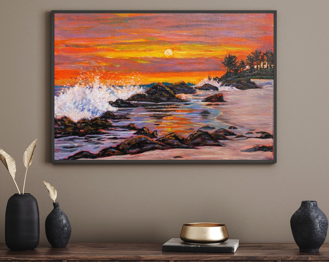 Rocky Shoreline Sunset Waves Crash Orange Sky Ocean Beach Poster - Image 3