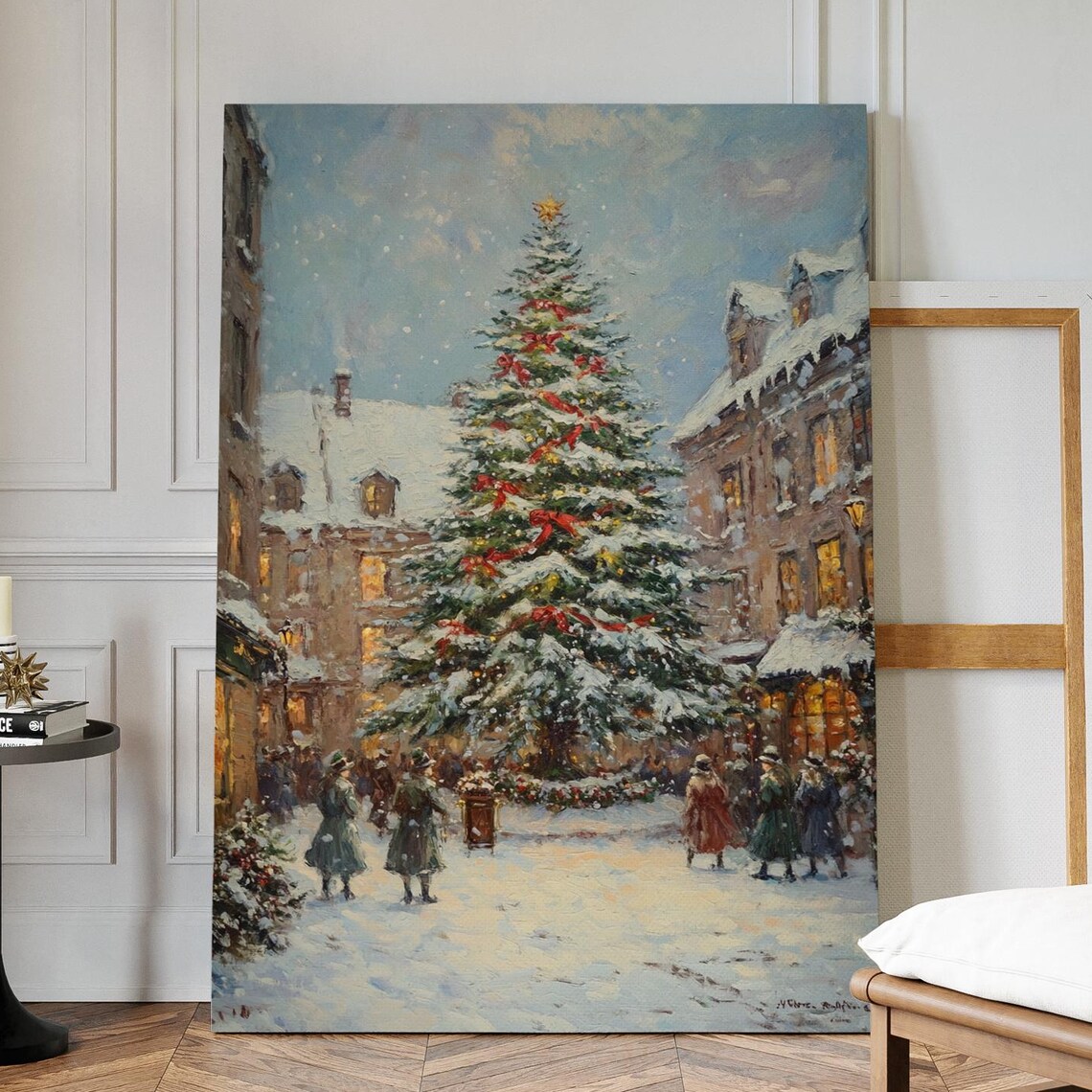 Christmas Tree In Snowy Town Square Vintage Holiday Gathering Poster