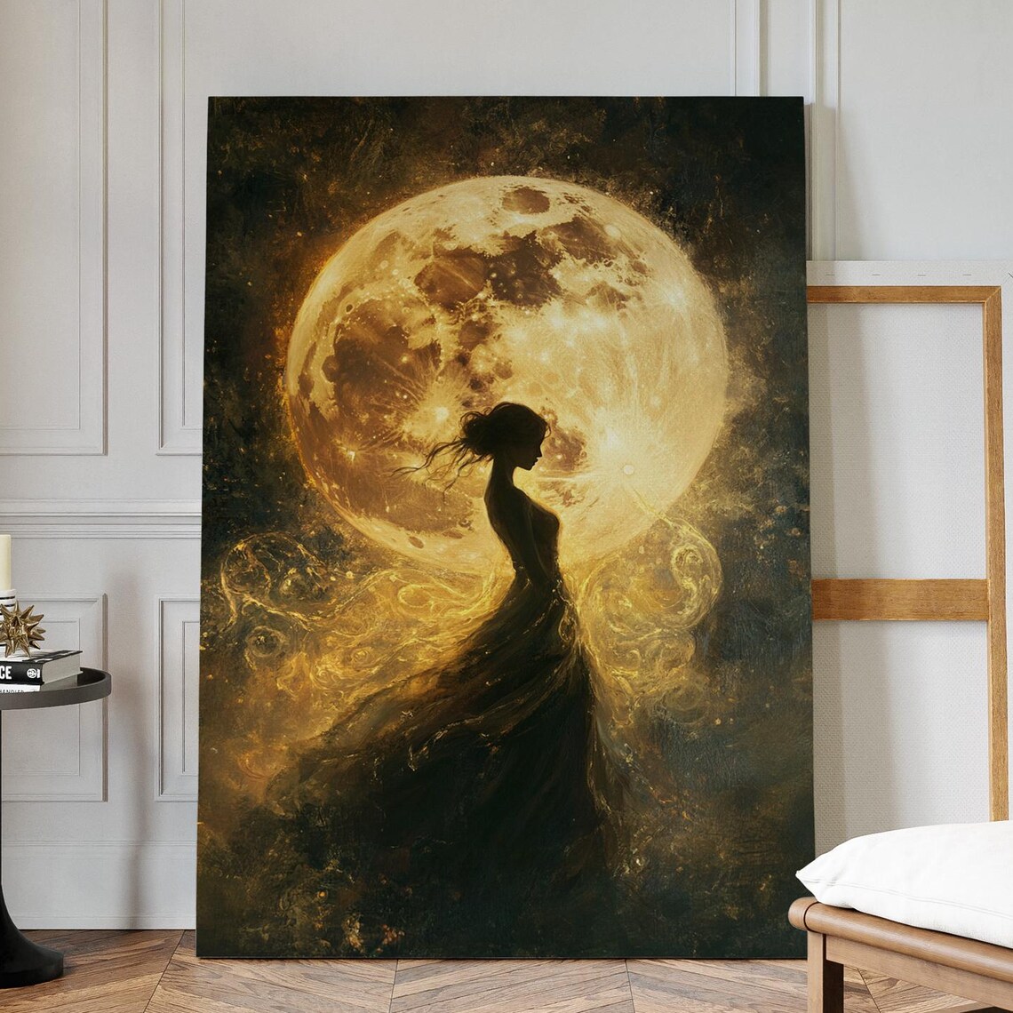 Golden Moonlight Silhouette Woman Art Print
