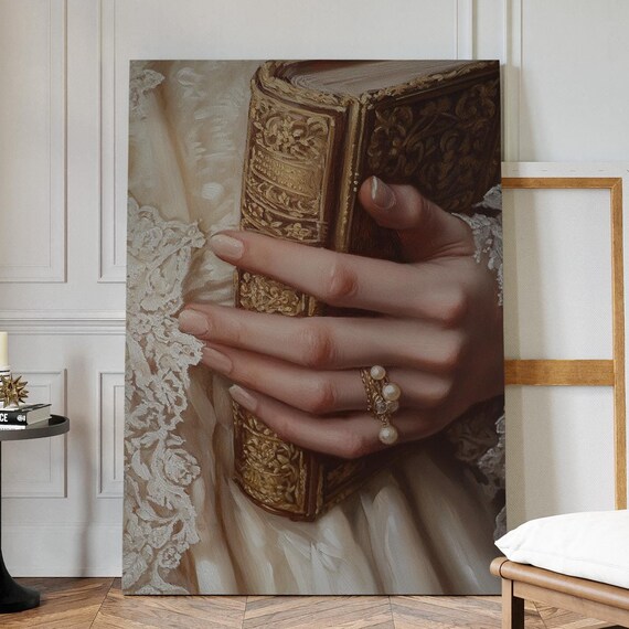 Victorian Hand Holding Antique Gold Book Pearl Ring Lace Romance Art Poster