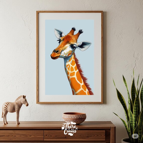 Pale Blue Giraffe Portrait Print Minimalist Animal Wall Art