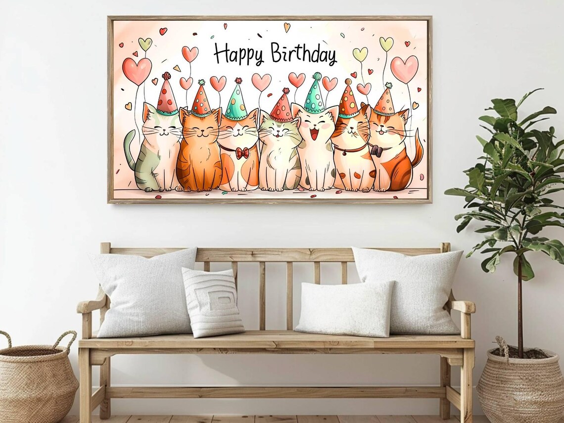 Happy Birthday Cats Party Hats Heart Balloons Cute Watercolor Wall Art Poster - Image 4