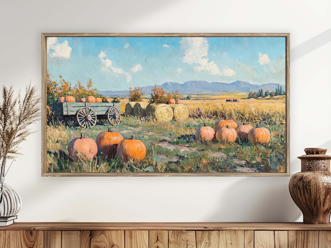 Pumpkin Harvest Field Wagon Hay Bales Blue Sky Impressionist Painting Poster - Image 4
