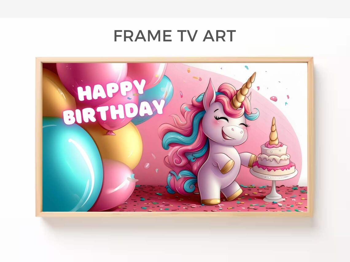 Happy Birthday Unicorn Cake Balloons Kids Party Celebration Wall Art Poster