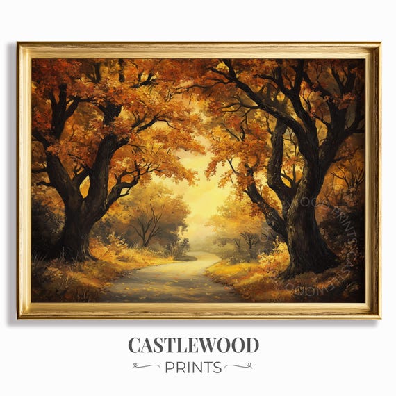 Autumn Forest Path With Golden Trees Rustic Fall Landscape Moody Oil Painting Style Cozy Nature Decor Wall Art 226