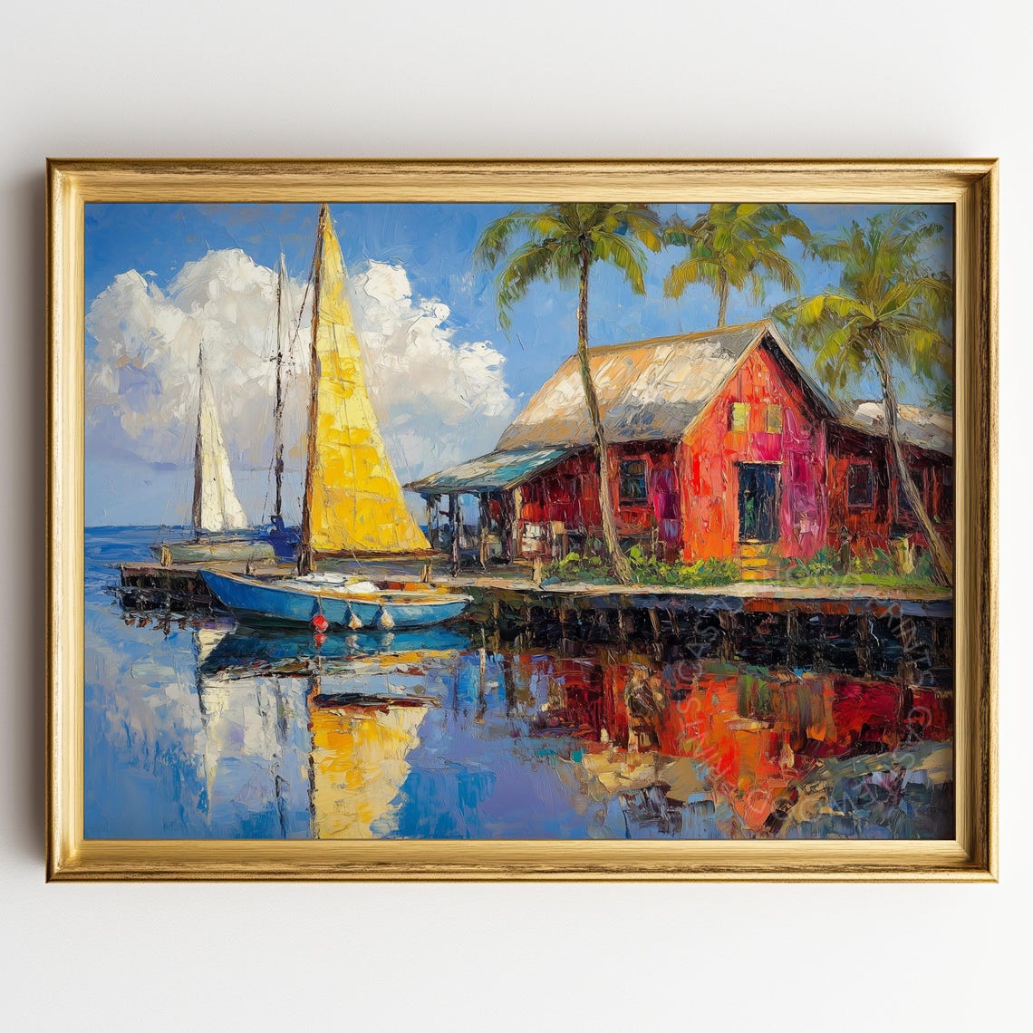 Tropical Marina Sailboats By Red Waterfront Boathouse Oil Art Poster