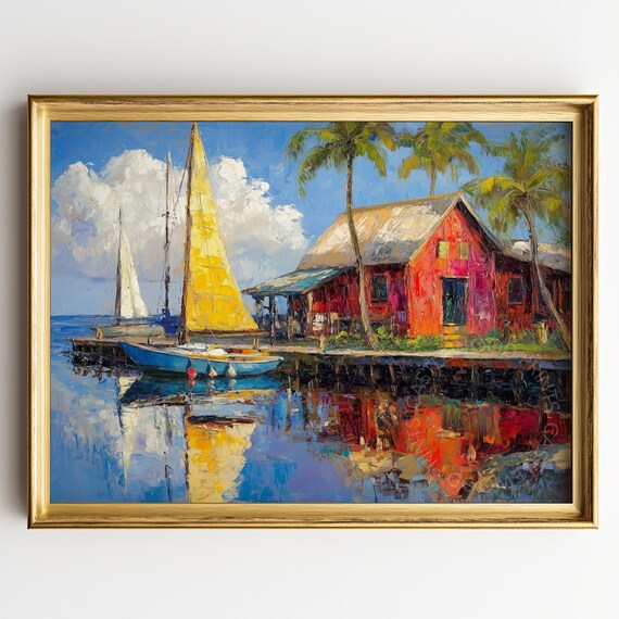 Tropical Marina Sailboats By Red Waterfront Boathouse Oil Art Poster