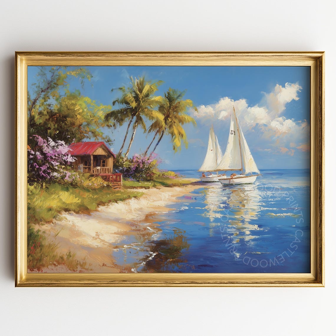 Two Sailboats Near Tropical Beach With Palms And Rustic Hut Poster