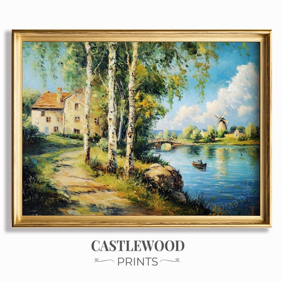 Modern Postimpressionist Landscape Painting Colorful Cottage By A River Rustic Wall Art Charming Countryside Scene 738