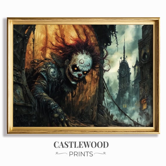 Haunting Clown On Moody Street Atmospheric Gothic Oil Painting Dark Vintage Wall Art Halloween Decor Dramatic Print 1084