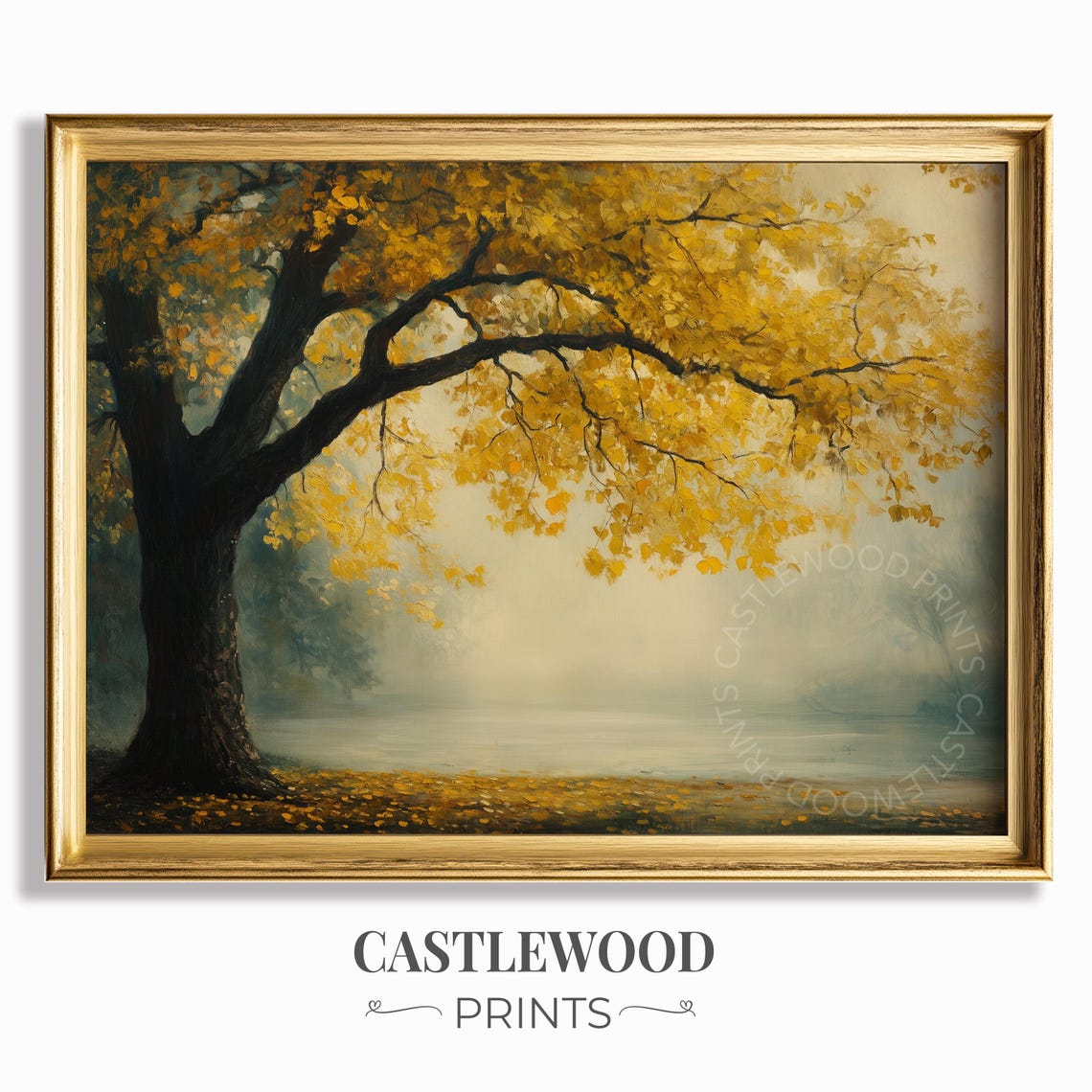Golden Autumn Tree Painting Misty Vintage Fall Landscape Wall Art