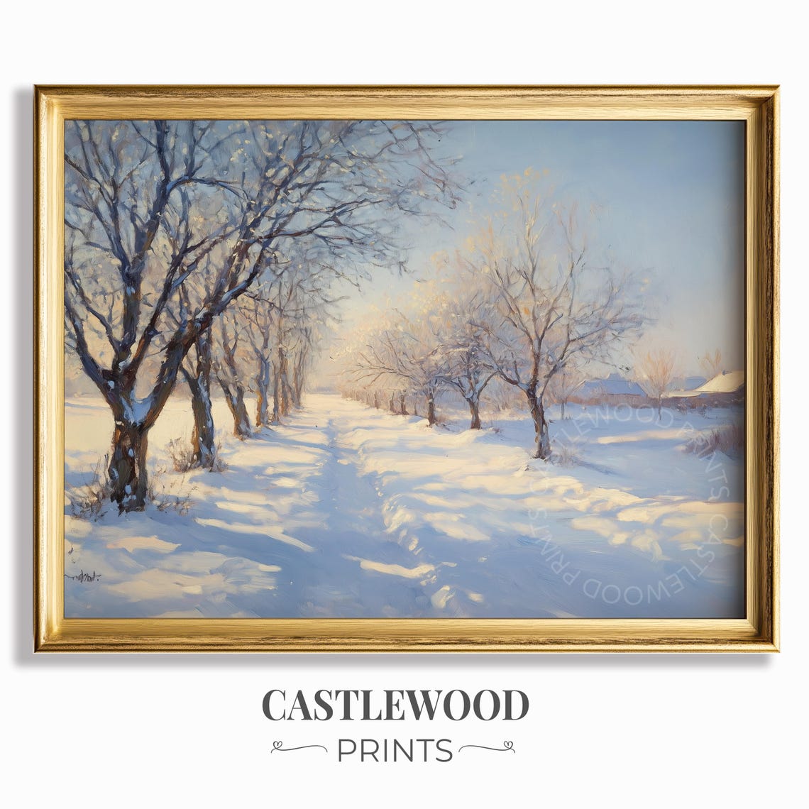 Snow Covered Orchard Path in Warm Winter Sunlight Art Poster
