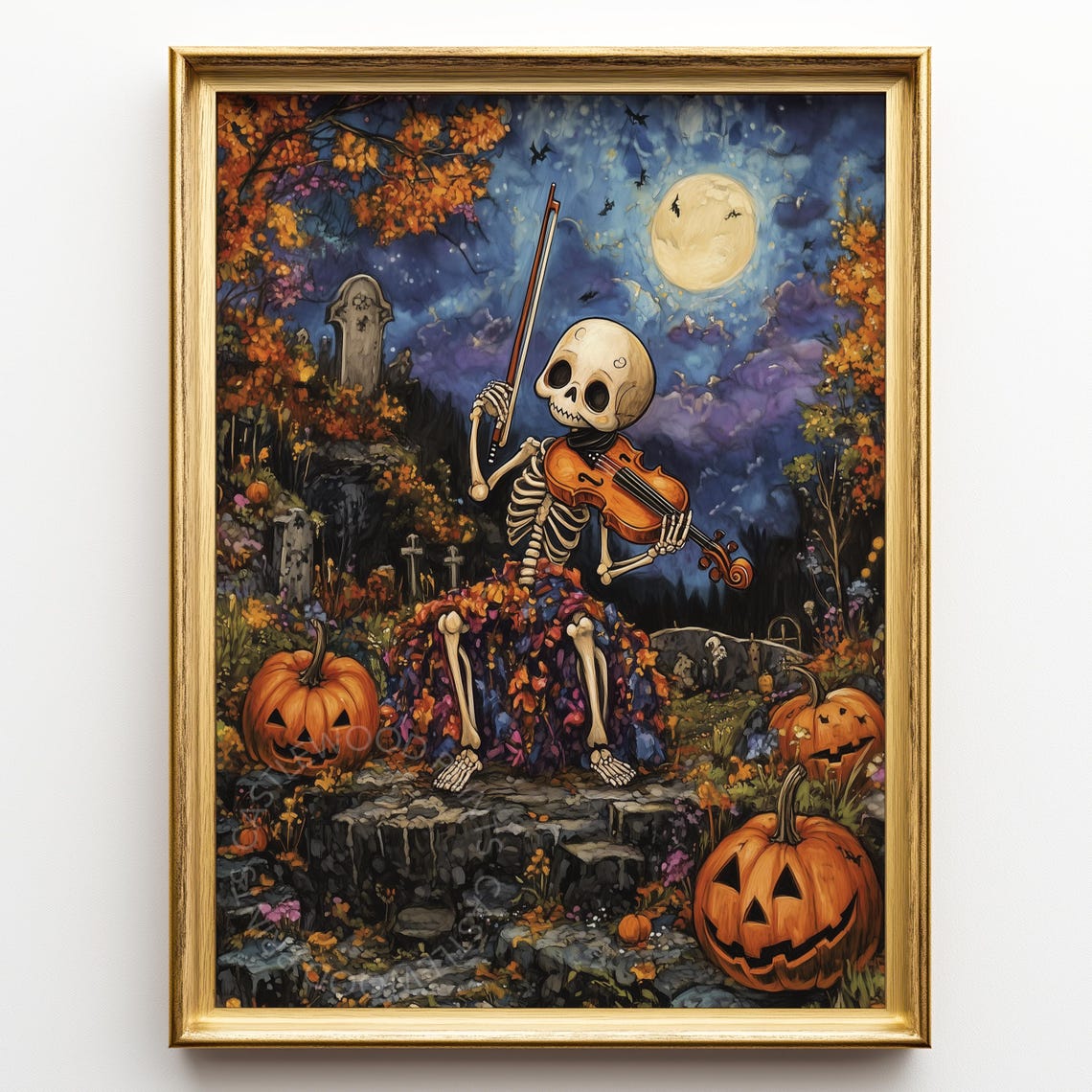 Halloween Skeleton Playing Violin Under Moon Spooky Night Scene Autumn Wall Art Cute Decor 165