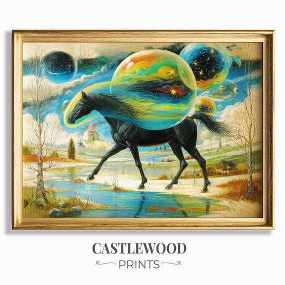 Surreal Horse With Celestial Spheres Bizarre Pop Art Unique Landscape Weird Cosmic Scene Wall Decor Fantasy Style 825