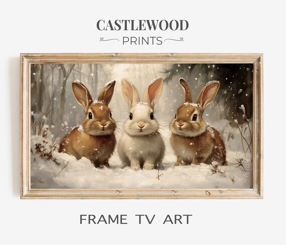 Winter Rabbit Trio Tv Art Cute Snowy Forest For Frame Rustic Wilderness Bunny Scene Farmhouse Decor 78