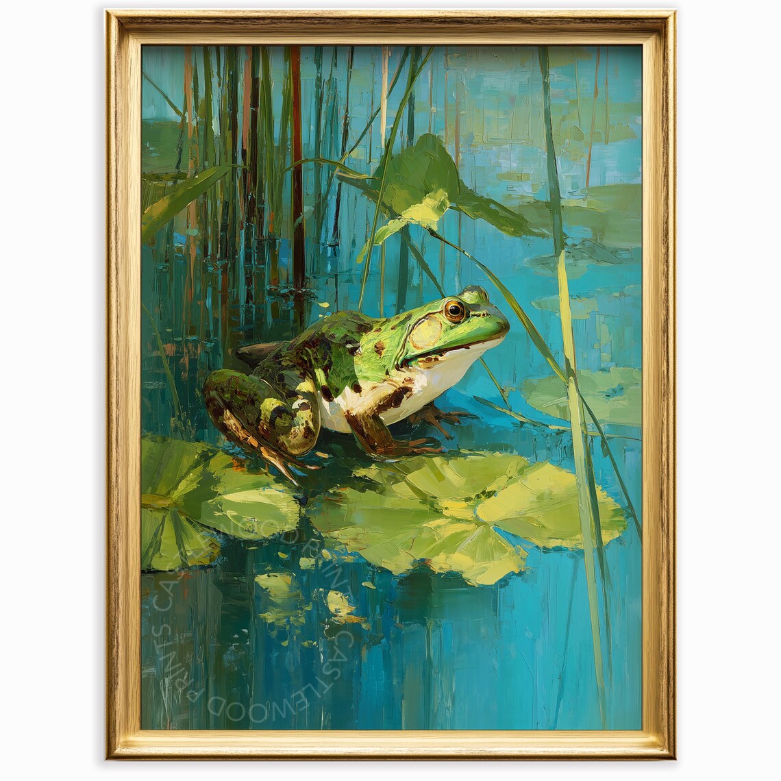 Green Bullfrog on Lily Pad Pond Blue Water Wildlife Painting Poster