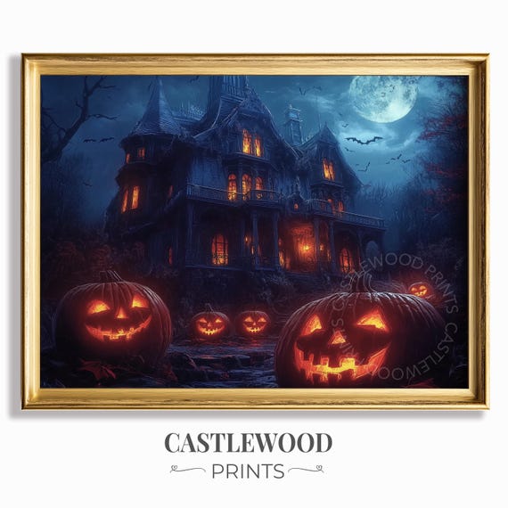 Halloween Haunted House Glowing Jackolanterns Spooky Moonlit Night Rustic Decor Artwork 1092