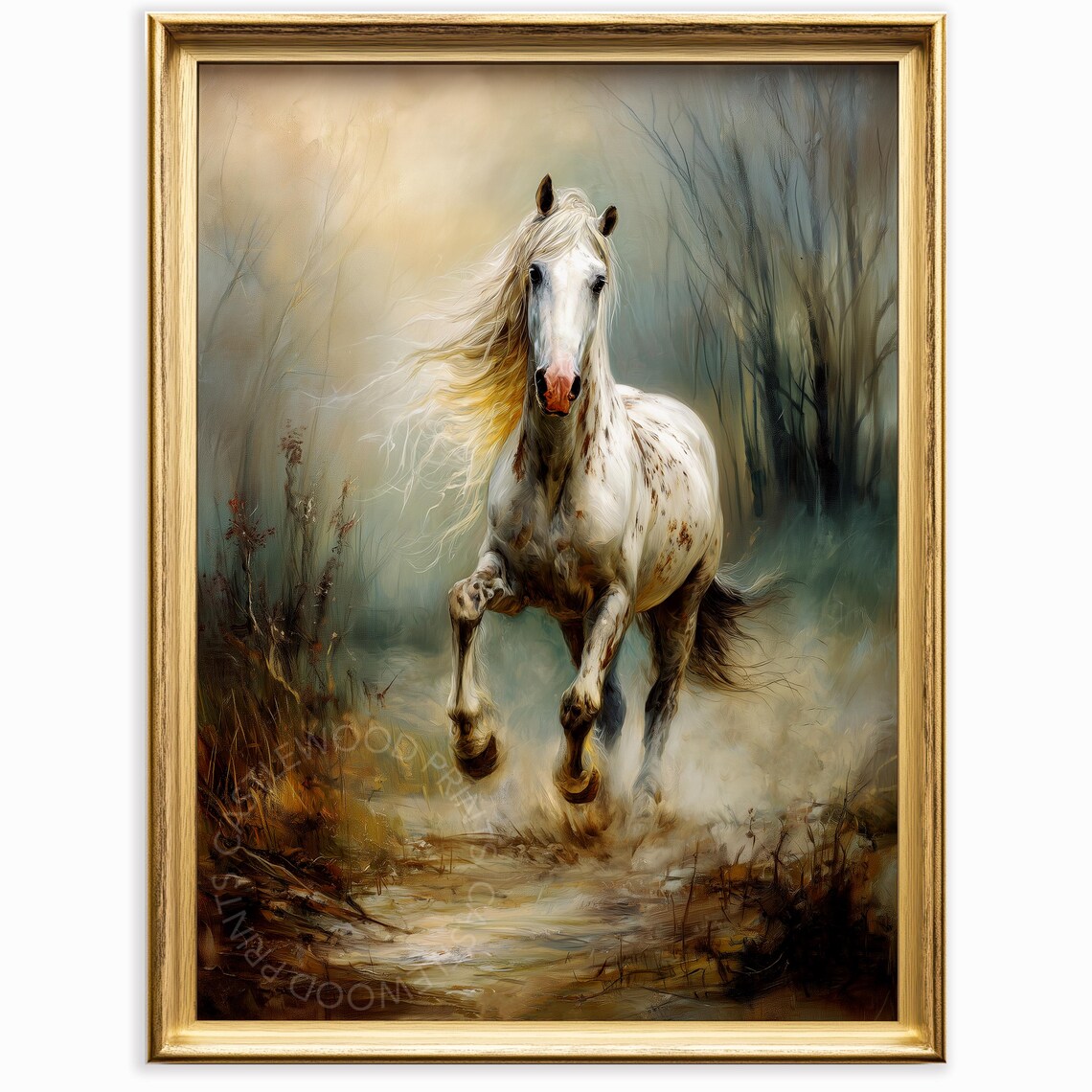 Knabstrupper Horse Galloping Through Misty Forest Oil Painting Poster