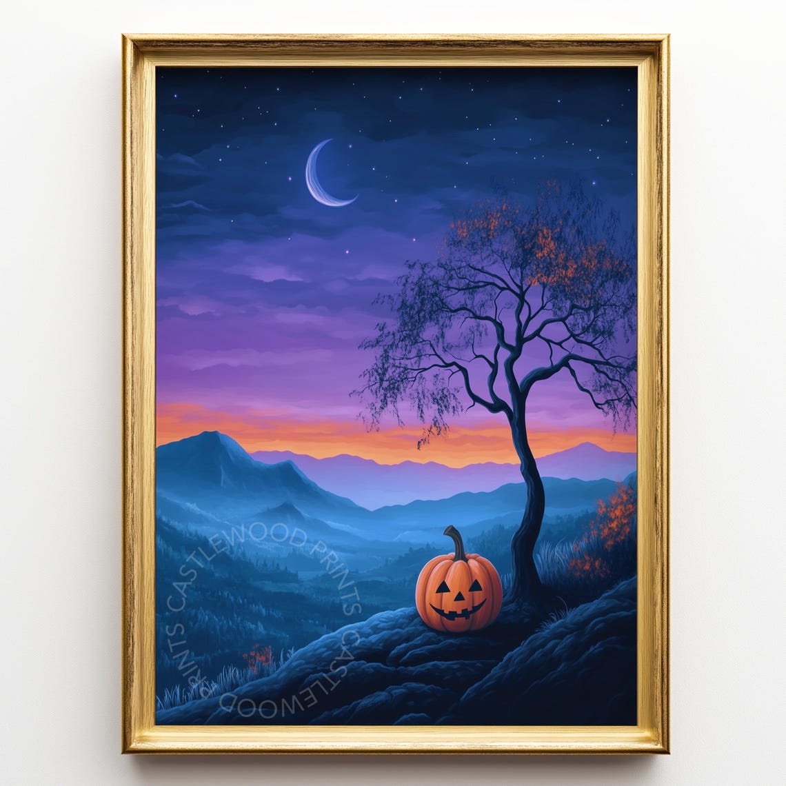 Jack-O-Lantern Under Crescent Moon Mountain Twilight Halloween Poster