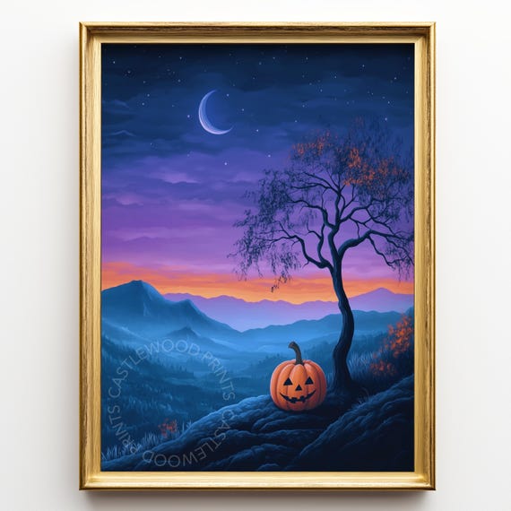 Halloween Night Landscape Spooky Pumpkin With Moonlit Tree Rustic Autumn Decor Eerie Fall Scene Art Print 170
