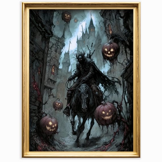 Haunted Halloween Art Spooky Horseman With Jackolanterns Dark Fantasy Decor Moody Gothic Wall Creepy 1064