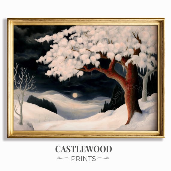 Winter Night Landscape Frosty Tree With Icicles Painting Snowy Moonlit Scene Rustic Wall Art Decor 661