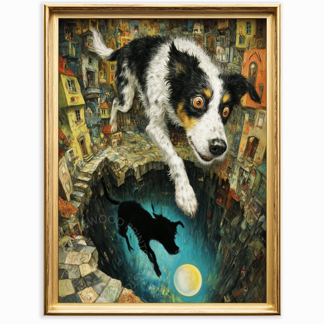 Surreal Giant Dog Leaping Over Town Chasm Moon Reflection Wall Art