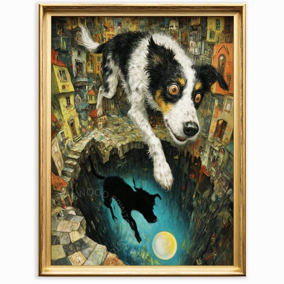 Surreal Dog In Abstract Dreamscape Pop Art Whimsical Fantasy Scene Unique Wall Bizarro Style Decor Painting 862