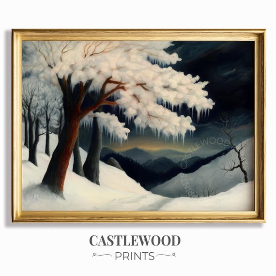 Frosty Winter Landscape With Snowy Tree Wall Art Rustic Scene Charming Nature Decor Painting 660