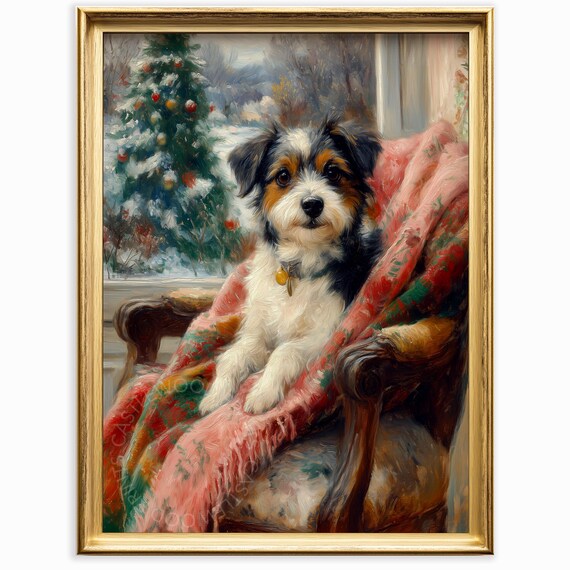Tricolor Terrier Puppy Armchair Christmas Tree Winter Pet Painting Poster