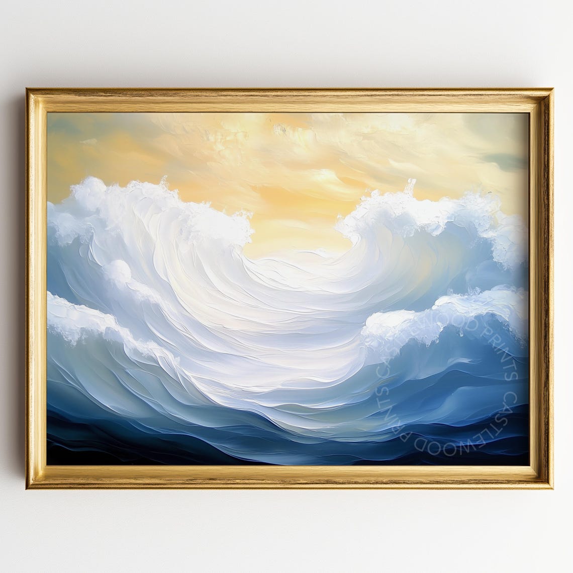 White Foam Ocean Waves Crashing Under a Golden Sky Art Print