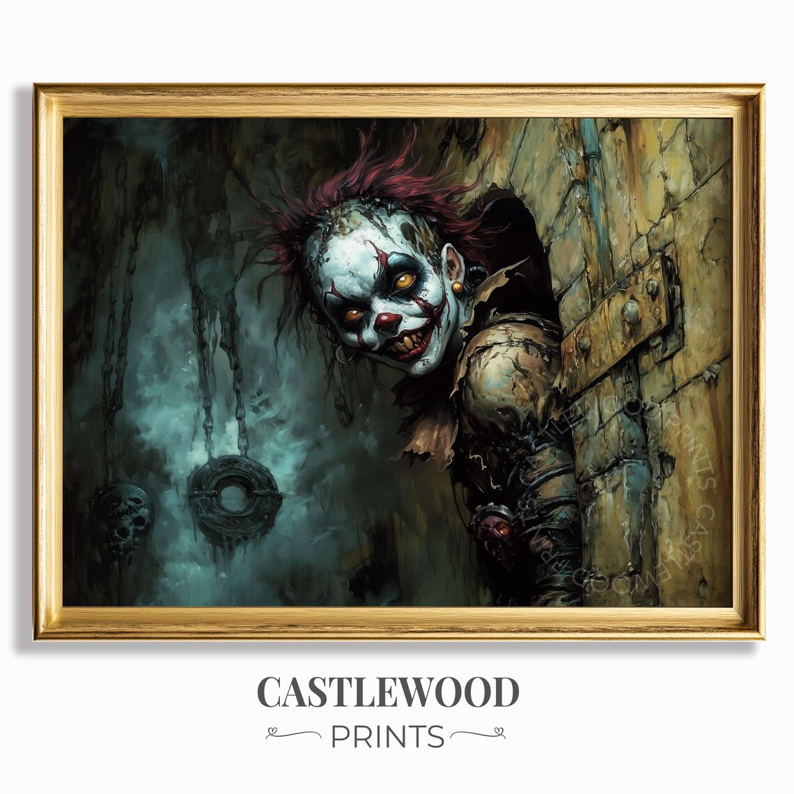 Creepy Clown Peeking From Dark Alley Gothic Horror Painting Wall Art