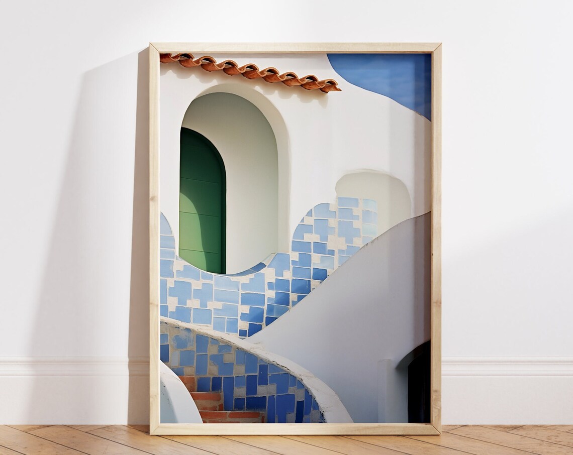 Santorini Blue Tile Stairs White Architecture Minimal Art Poster