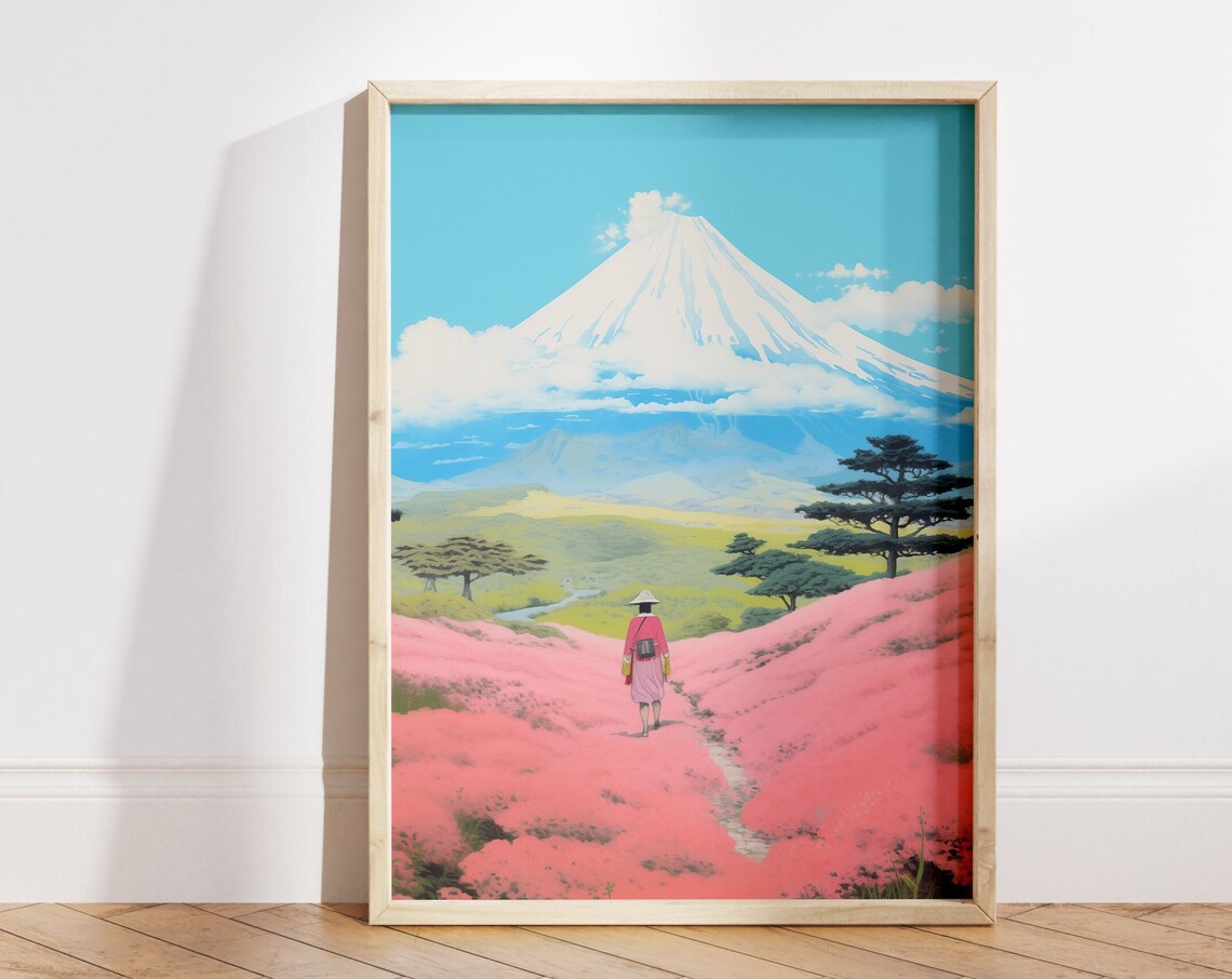 Mount Fuji Watercolor Pink Blossom Field Japan Travel Poster