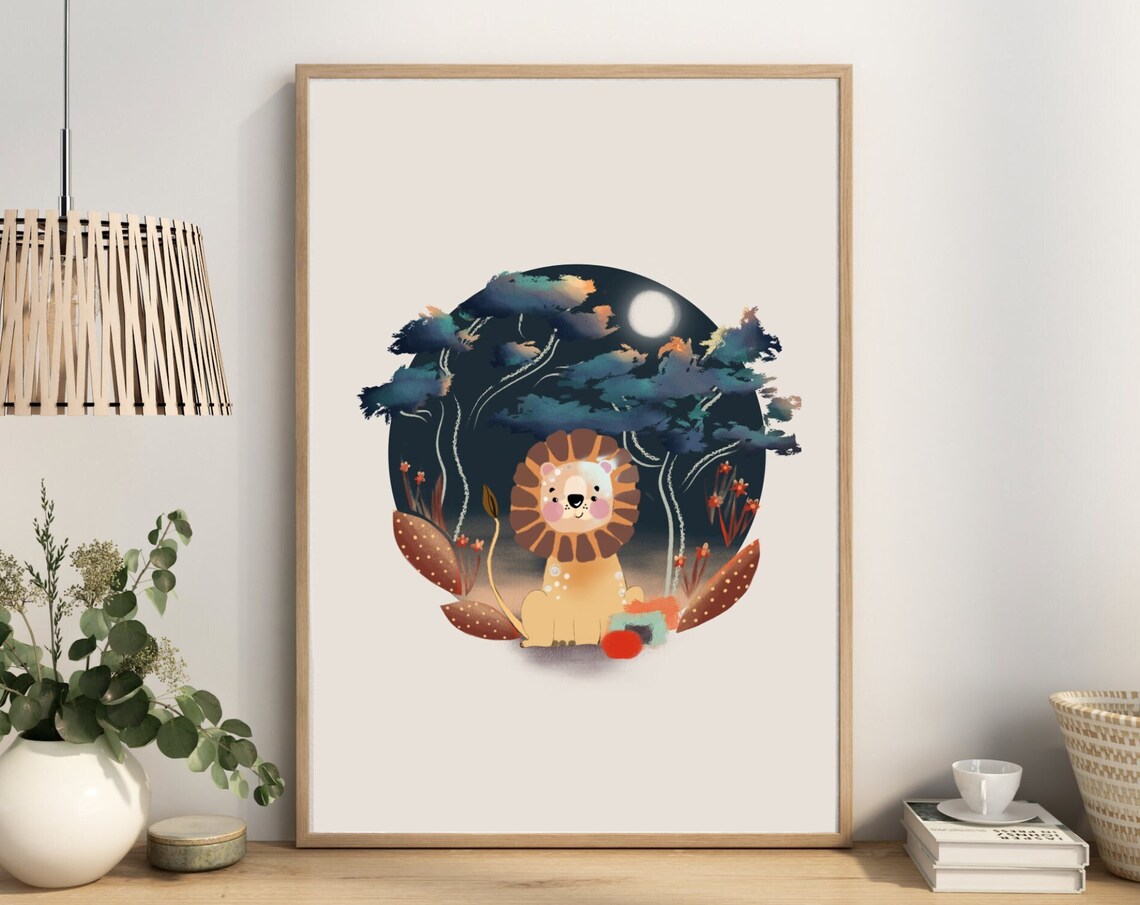 Lion at Night Nursery Poster with Starry Jungle Moonlit Scene