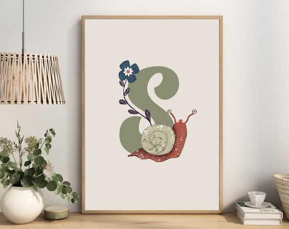 Green Snail Letter S Illustration Kids Room Nursery Wall Art Download Animal Insect Bug Theme Wall Art Child New Baby Gift
