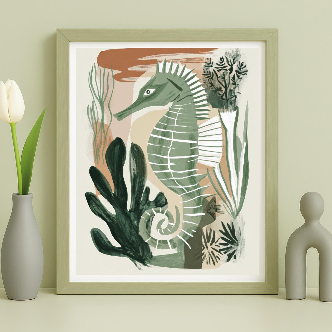 Seahorse Wall Art, Earthy Gouache Poster