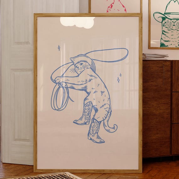 Blue Cowboy Cat Retro Vintage Western Cat Art