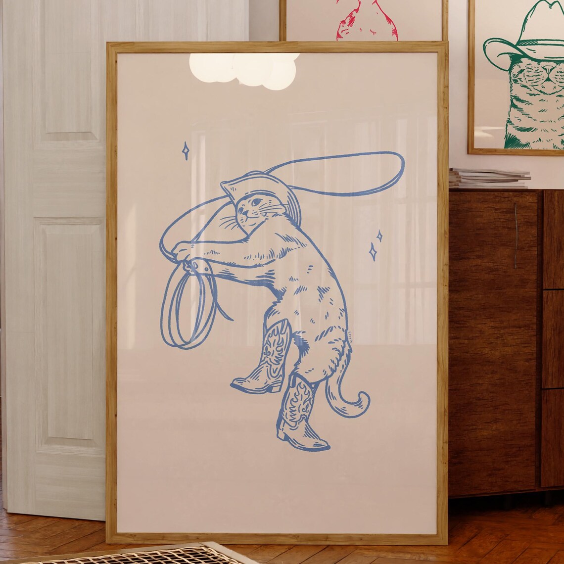 Blue Cowboy Cat Retro Vintage Western Cat Art