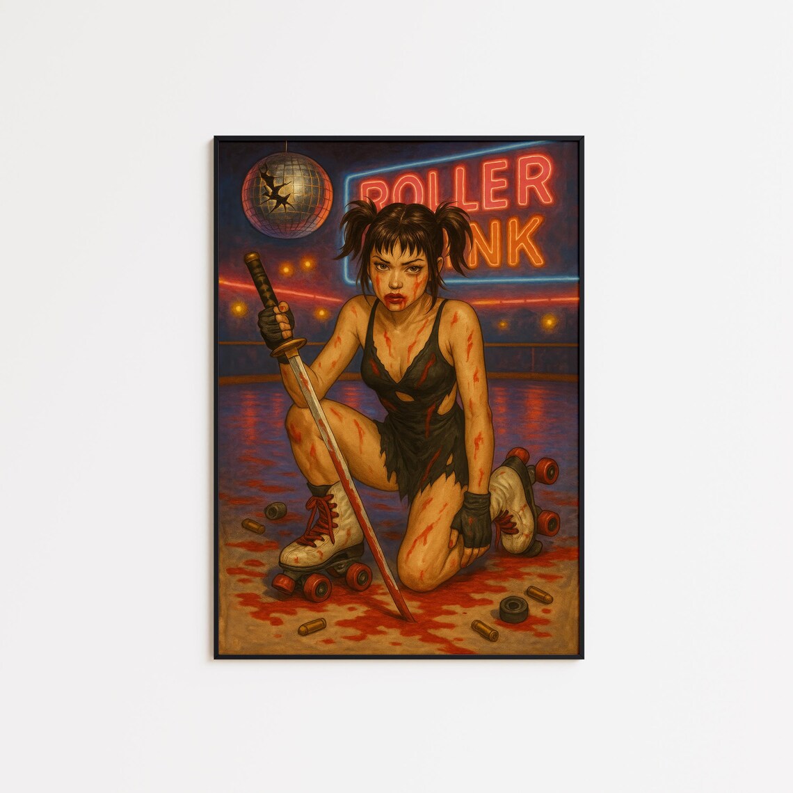 Neon Roller Rink Katana Warrior Girl Disco Grindhouse Art Print