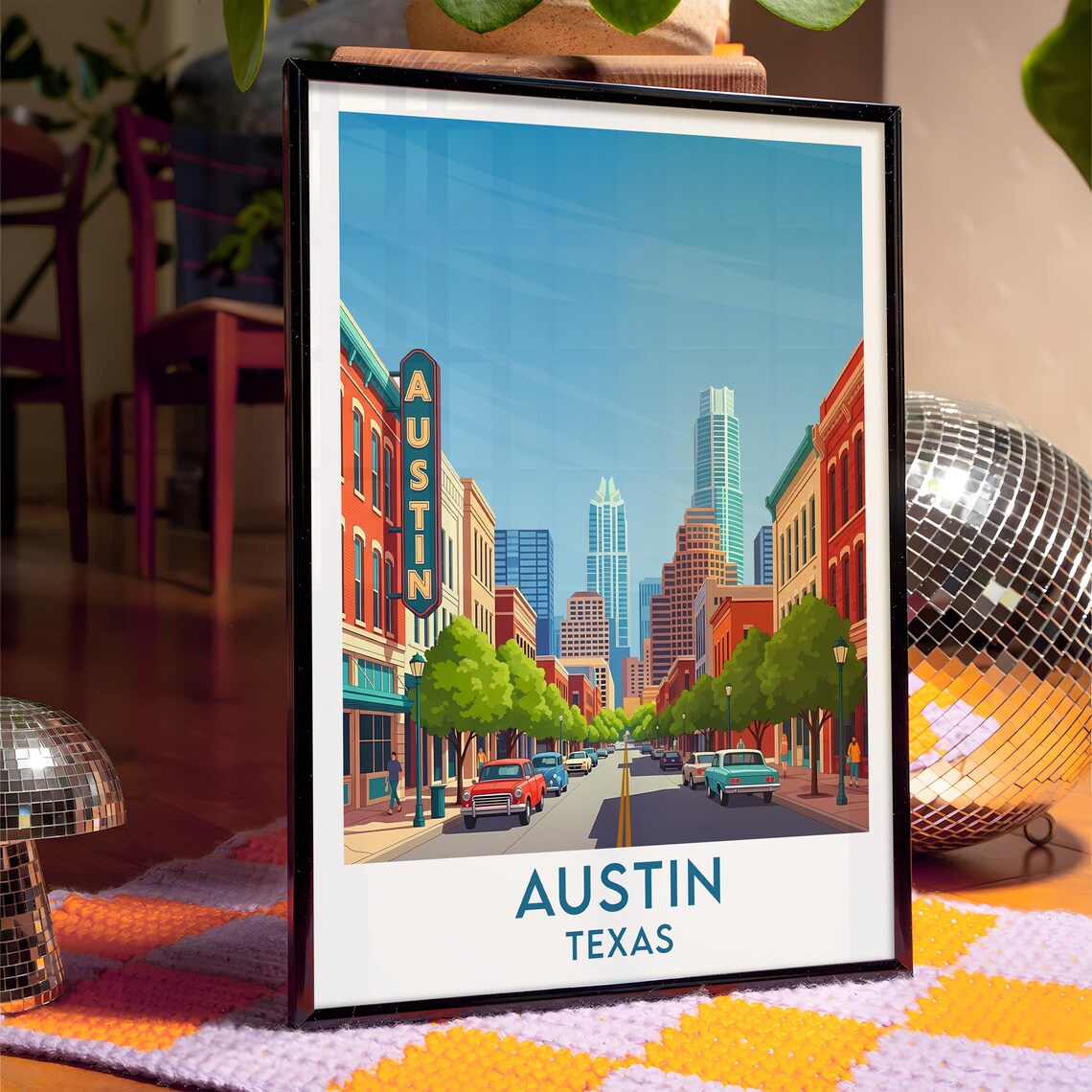 Austin Texas Congress Avenue Classic Vintage Cars Skyline Poster - Image 4