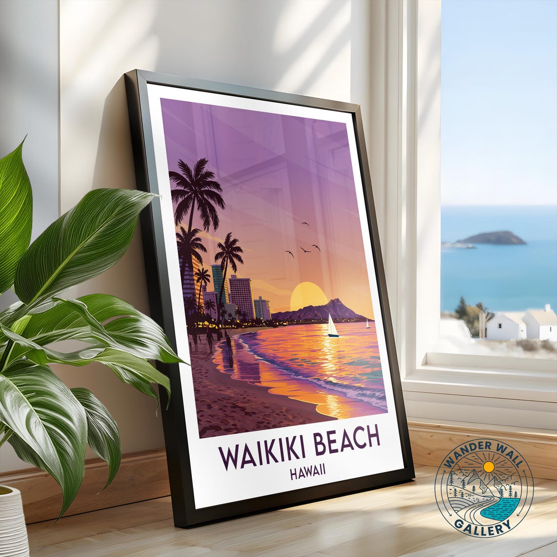 Waikiki Beach Hawaii Sunset Surf Palms Diamond Head Crater Poster - Image 2