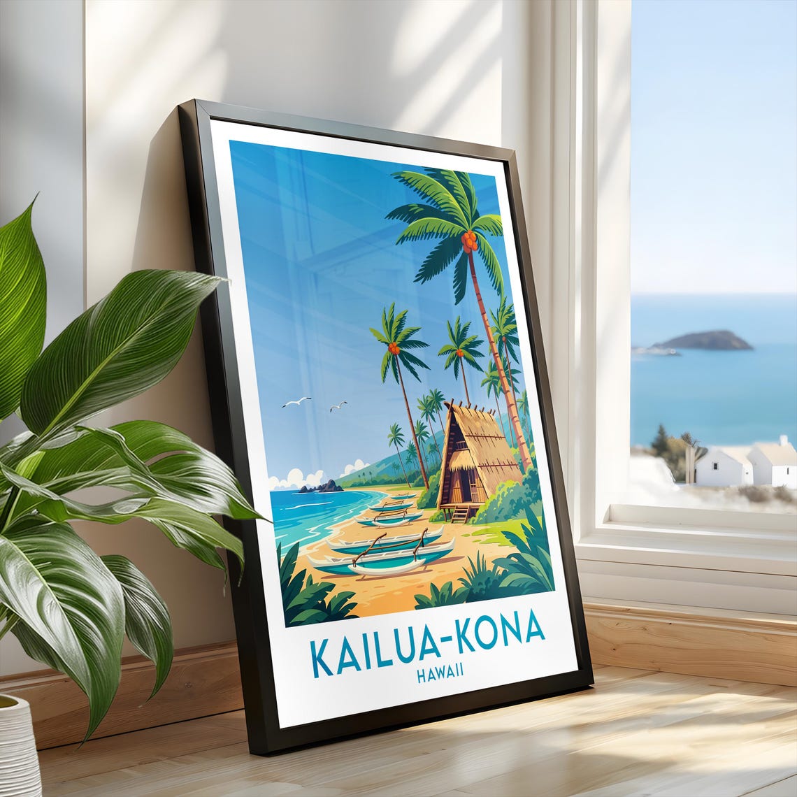 Kailua-Kona Hawaii Coconut Palms Outrigger Canoes Beach Hut Poster - Image 2