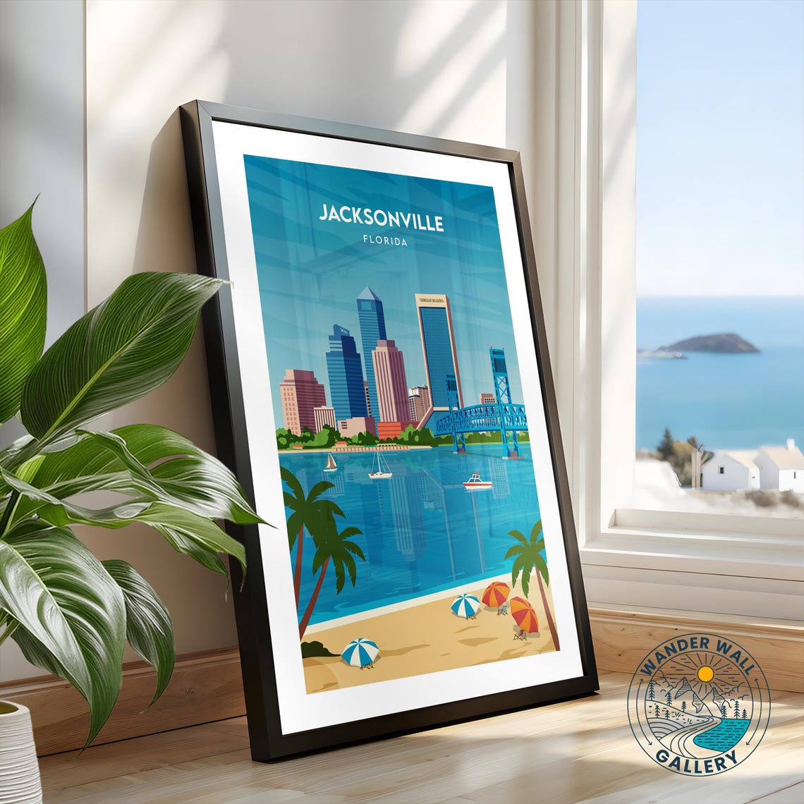 Jacksonville Florida Skyline Bridge Beach Umbrellas Palm Poster - Image 2