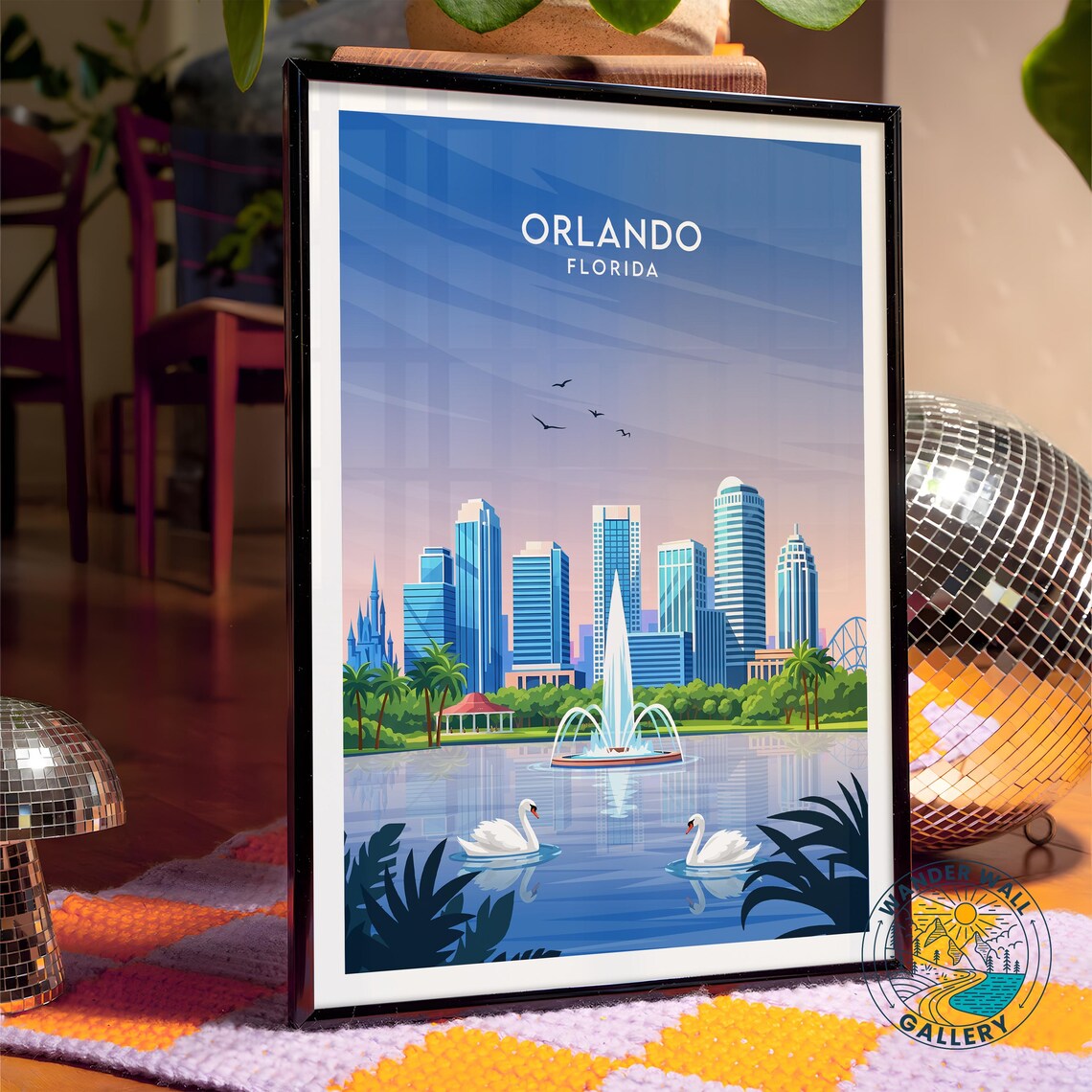 Orlando Florida Skyline Lake Fountain with Swans Travel Poster - Image 4