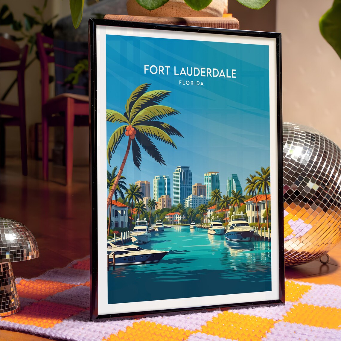 Fort Lauderdale Florida Yacht Harbor Skyline Palm Trees Poster - Image 4