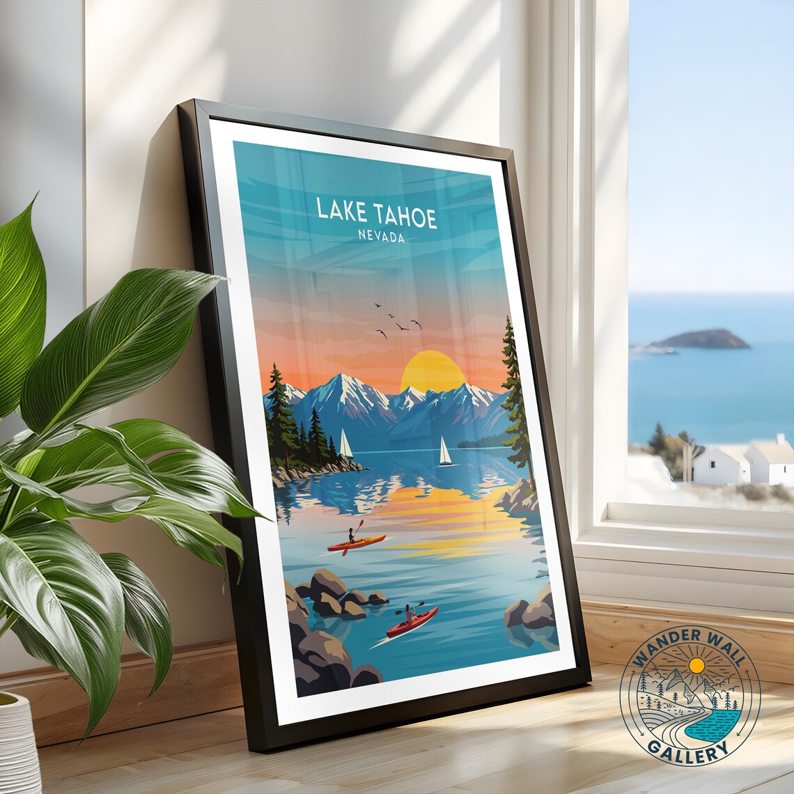 Lake Tahoe Nevada Sunset Kayaks Sailboats Mountain Lake Travel Poster - Image 2