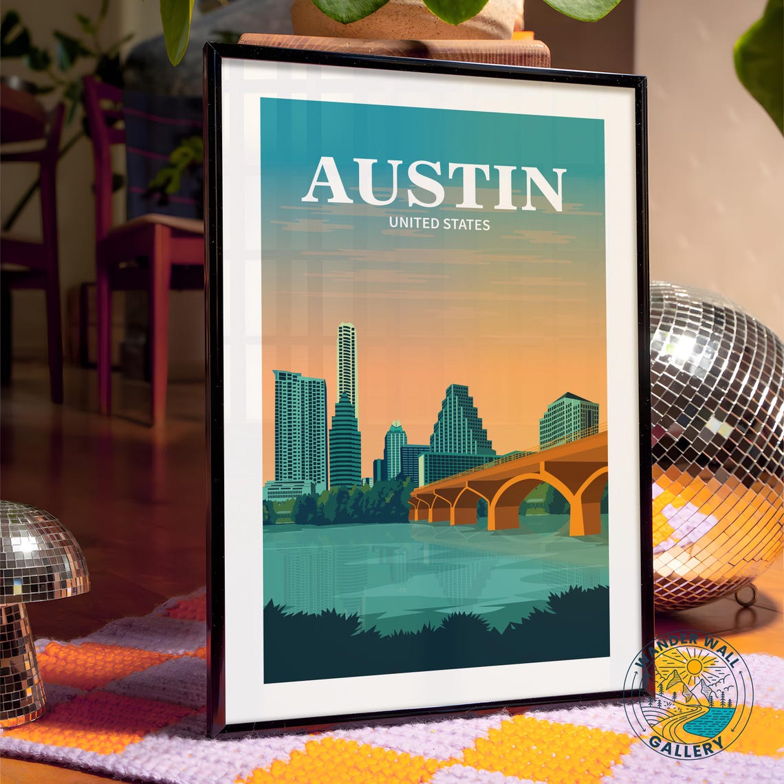 Austin Texas Orange Sunset Skyline Arch Bridge Travel Poster - Image 4